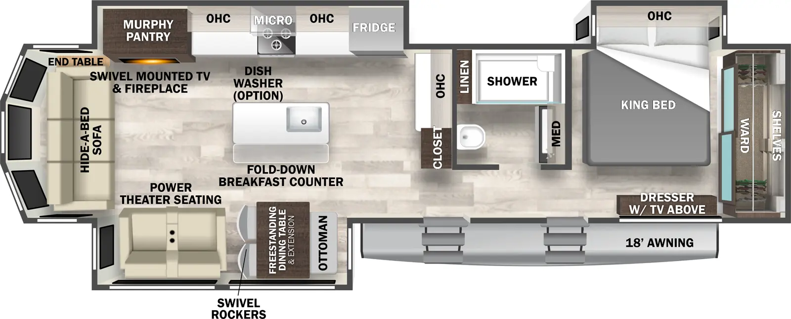 The Cedar Creek Cottage 40CRS has two entries and three slide outs. Exterior features include: fiberglass exterior and 18' awning. Interiors features include: kitchen island, free-standing dinette option, front bedroom and rear living.